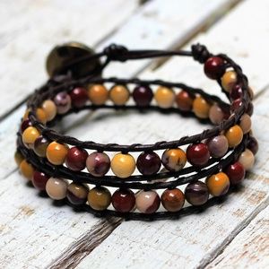 Mookaite Leather Wrap Bracelet, Gemstone Jewelry